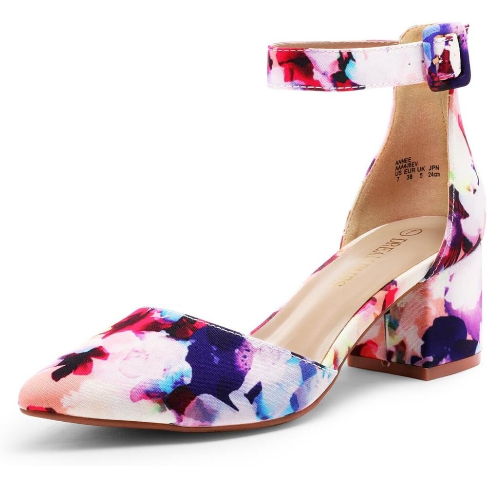Women's Floral Pointed Toe Heels with Ankle Strap and 2.25 Inch Block Heel